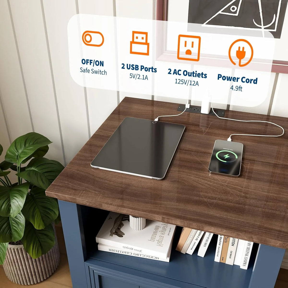 Modern Wood Nightstand With USB Charging Station And Two Drawers