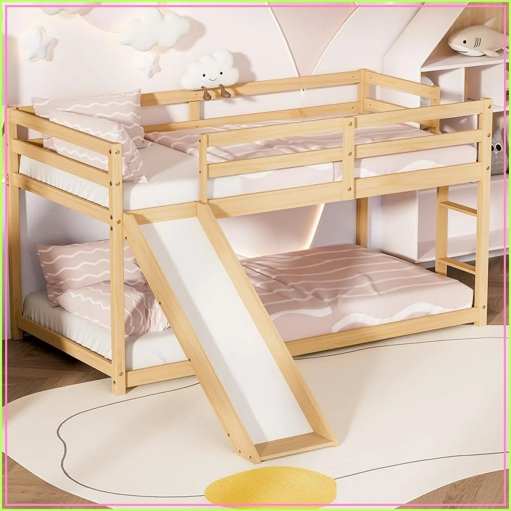 Low Bunk Bed with Slide, Twin Loft Bed with Ladder, Wood Frame for Kids