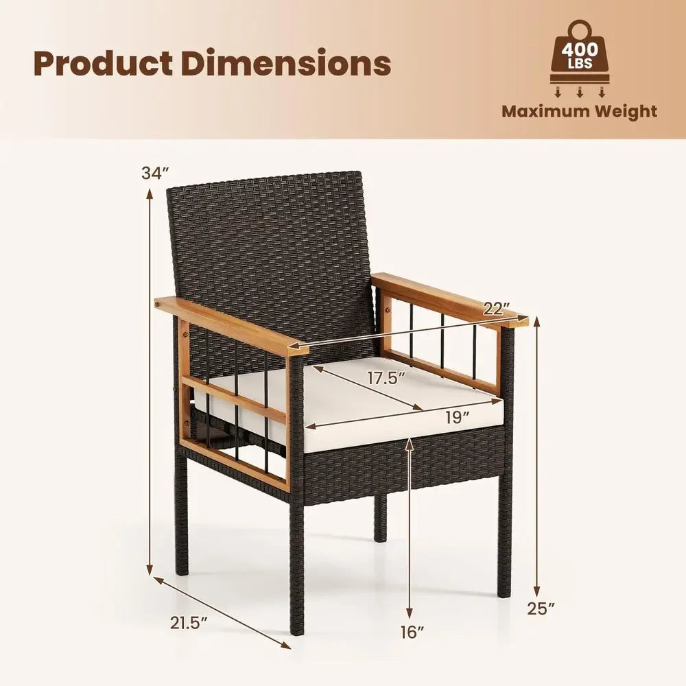 Wicker Patio Dining Chairs Set of 4, Outdoor Acacia Wood Armrest Dinner Chairs with Removable Cushion, Outside Chairs for Backy