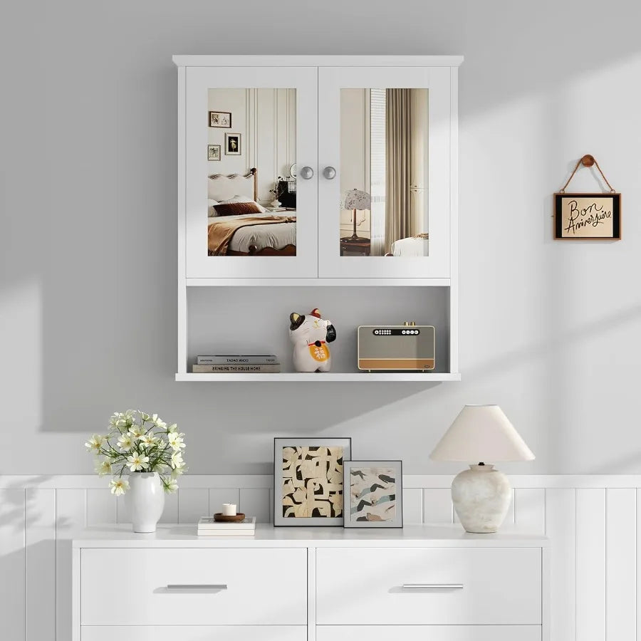 Cabinet With Mirror, Wood Medicine Cabinet With Adjustable Shelf, Wall Mount Cabinet Storage, Cupboard, Whit