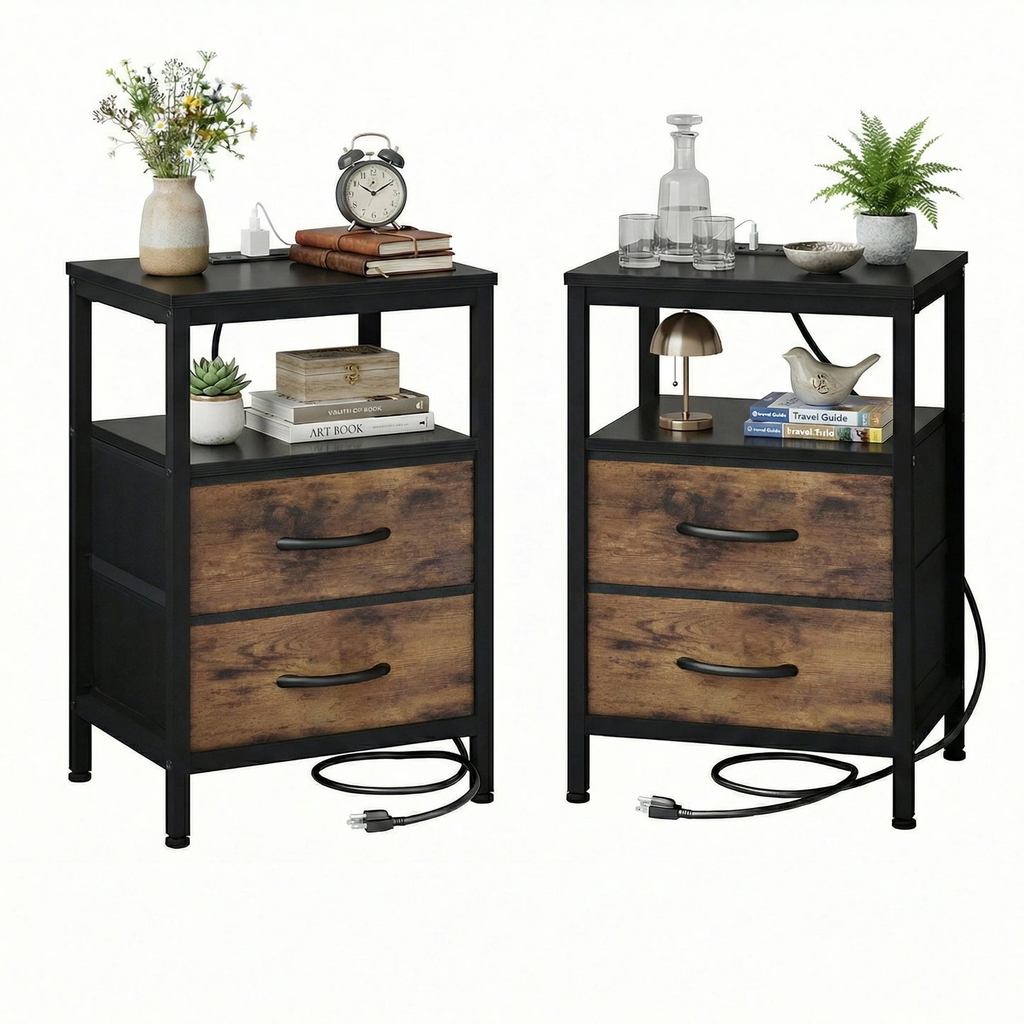 JHK Two-Drawer Fabric Nightstands With USB Ports Set Of 2