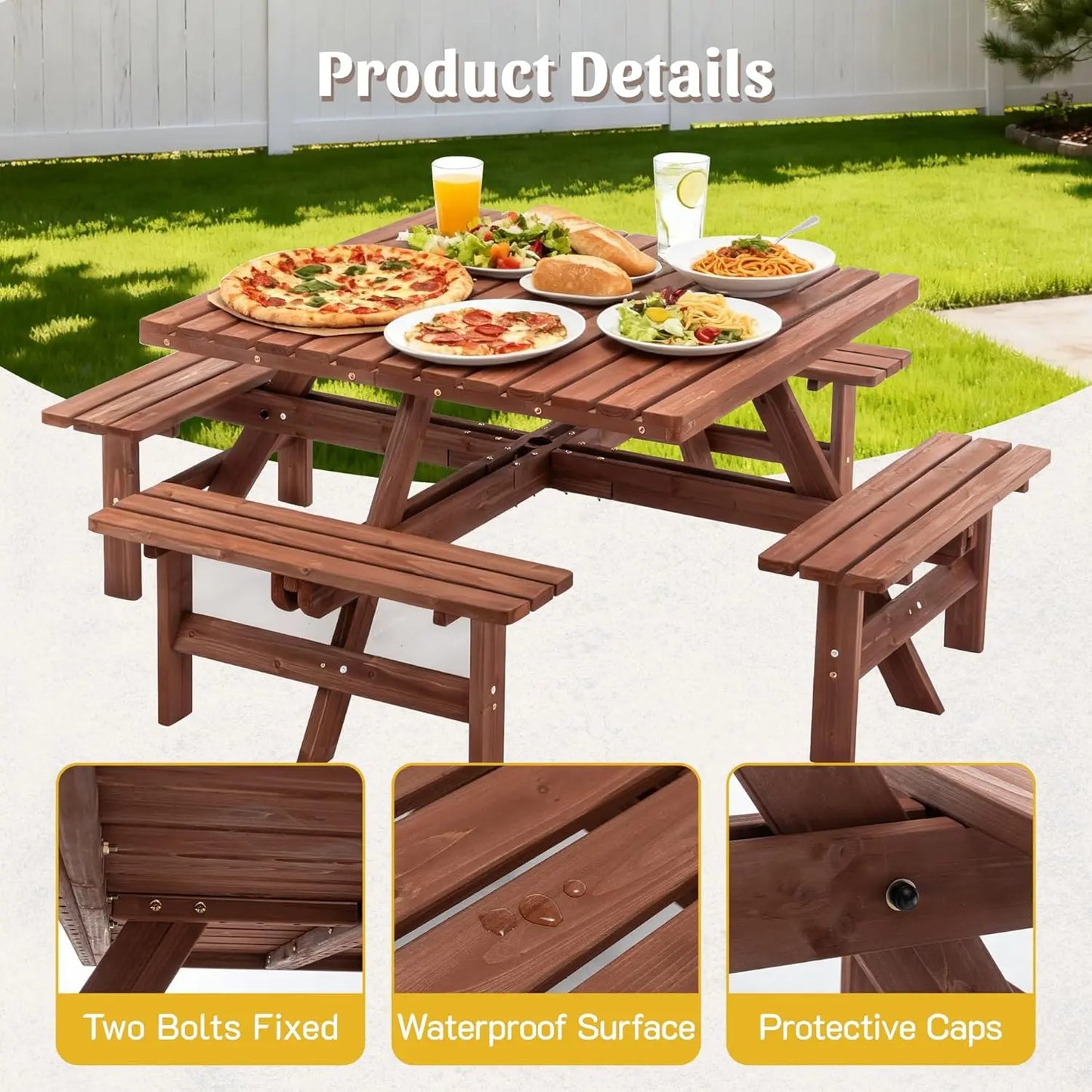 Wood Picnic Table Bench Set for 4-8 Person, Square Lifetime Picnic Tables for Outdoor with Umbrella Hole and Benches, Outside Di