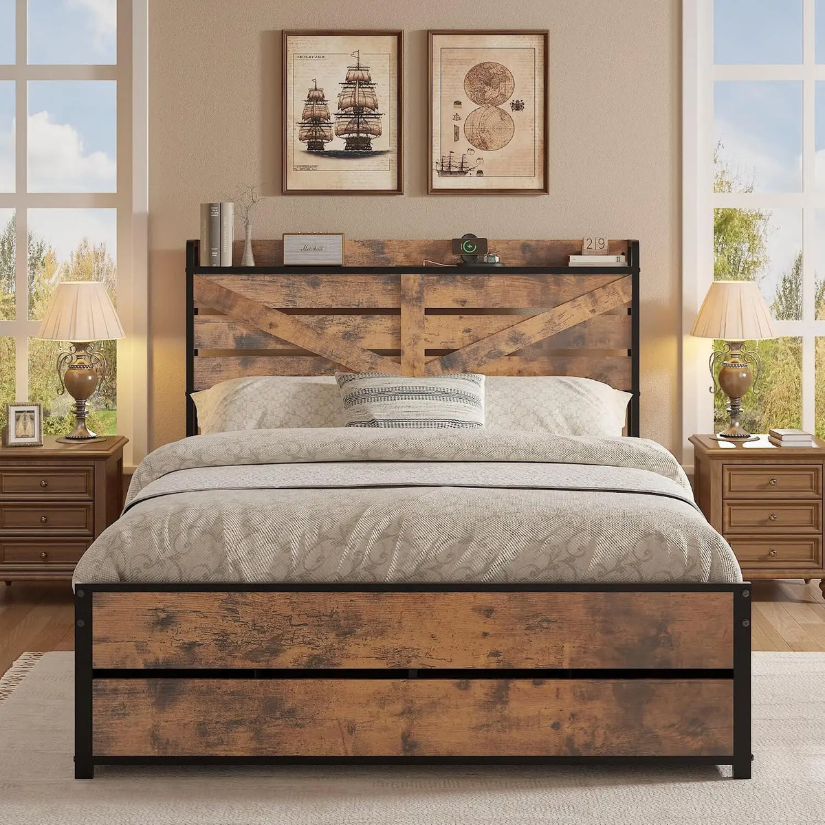 Wooden Platform Bed Frame With Storage Drawers And Charging Station