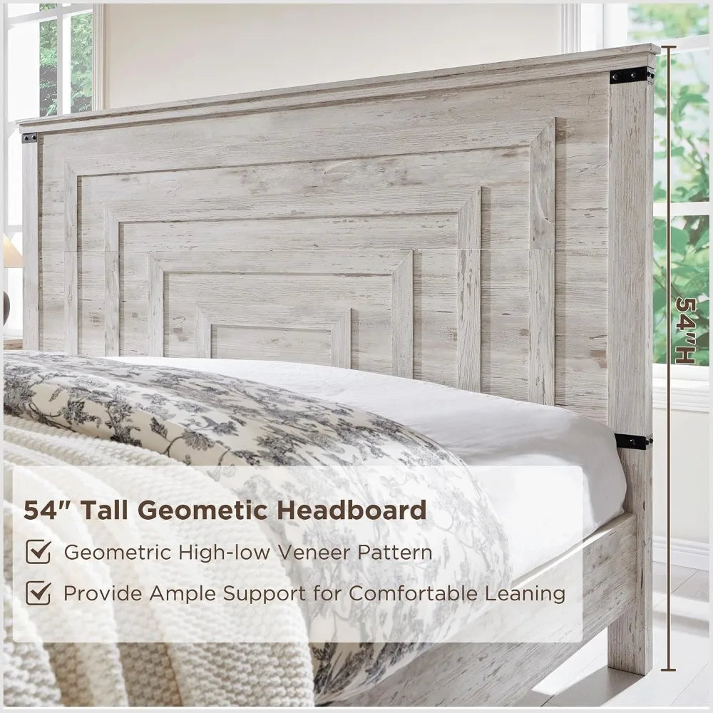 Queen Bed Frame 54" Tall Geometric Headboard, Rustic Wood Platform w/ 2 Drawers, Wood Slats, No Box Spring Needed, Antique White