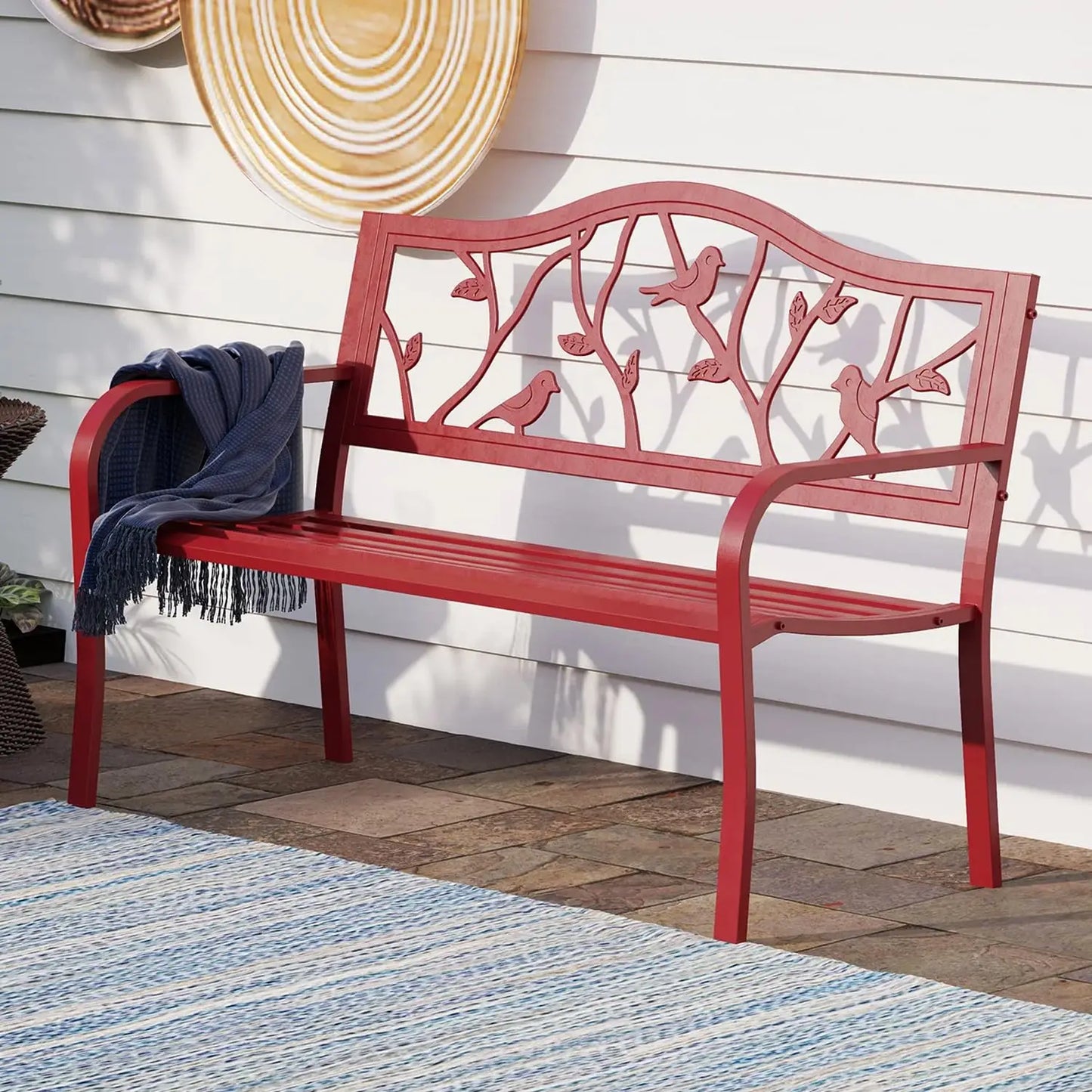 50in Cast Iron Steel Garden Bench Patio Chair w/Floral Backrest Slatted Seat Park Yard Porch Bronze, Customized