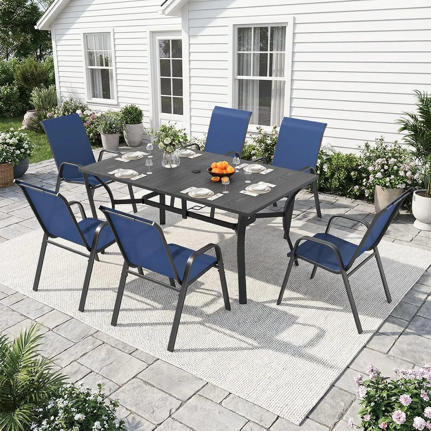 Outdoor Dining Set With Adjustable Umbrella Hole And Heavy Duty Metal Frame