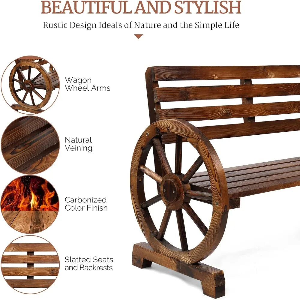 VINGLI 41in Rustic Wooden Wheel Bench,Outdoor Patio Wagon Slatted Seat,350lbs High Capacity Weather Resistant for Garden
