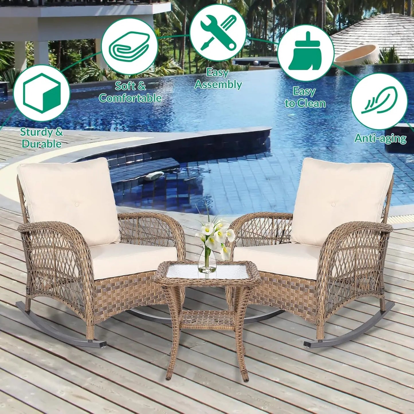 Outdoor Wicker Rocking Bistro Set Cushioned Chairs Glass Top Table
