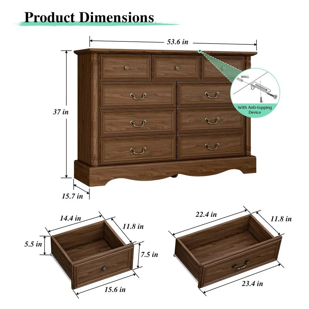 Rustic 9-Drawer Dresser With Built-In Charging Station