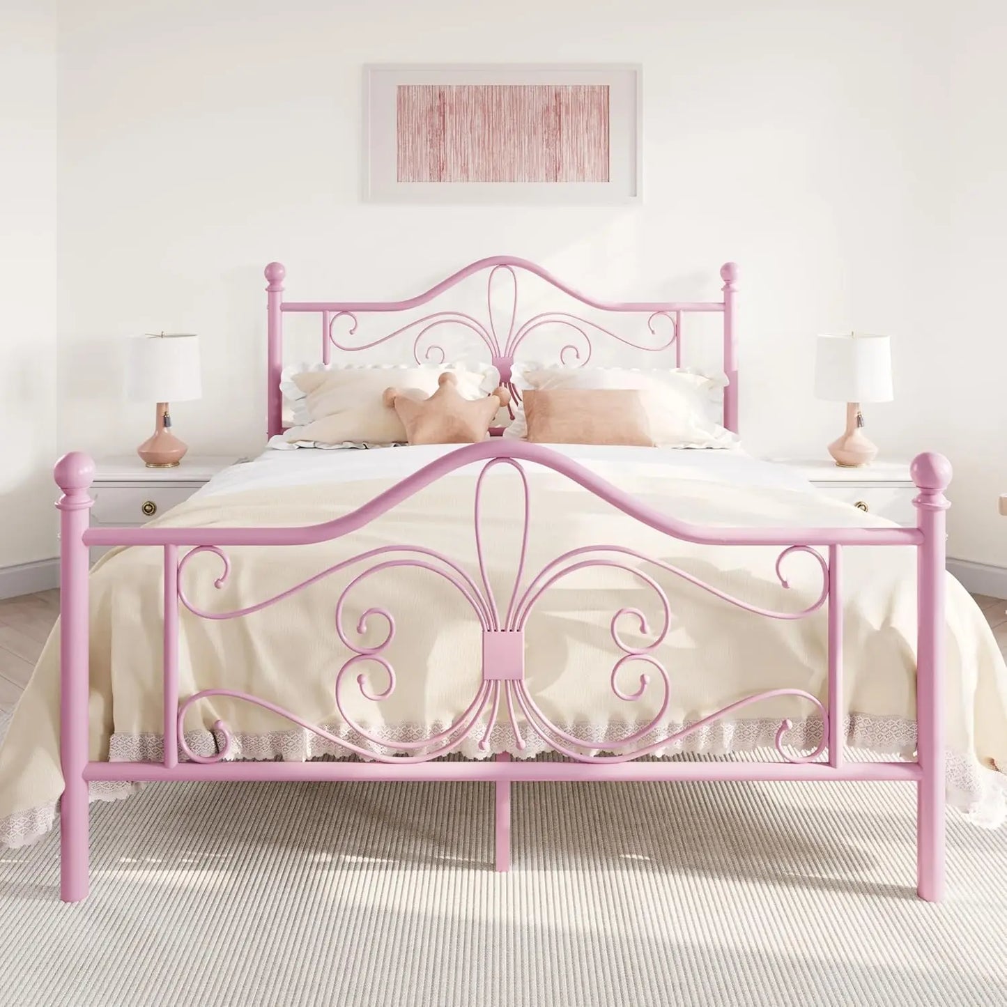 Kids Metal Bed Frame Butterfly Pattern Headboard And Footboard No Box Spring