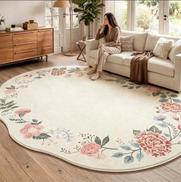 Irregular Shaped Plush Rug For Living Room With Flower Pattern