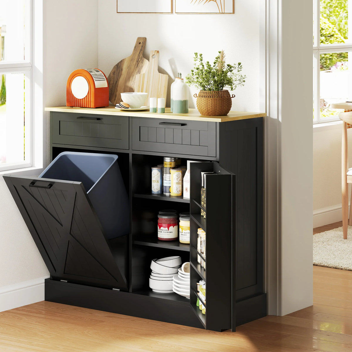 HOMCOM Tilt Out Trash Can Cabinet, 10 Gallon Farmhouse Kitchen Cabinet with Hidden Trash Can and 2 Drawers for Laundry Room, Pantry, Kitchen, Black