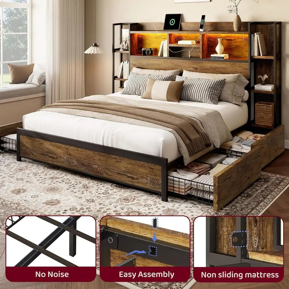 BRELTAM Platform Bed With 4 Storage Drawers And Lighted Charging Station