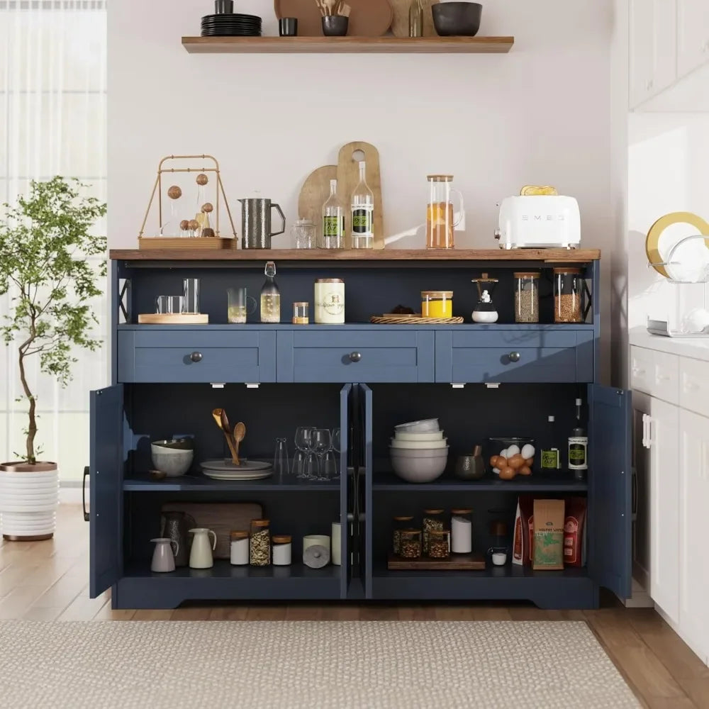 Farmhouse Buffet Cabinet With Drawers And Open Shelf Storage