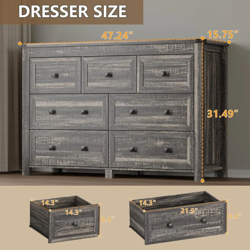 7 Drawer Dresser, Modern Wood Storage Chest, Bedroom Organizer with Metal Handles