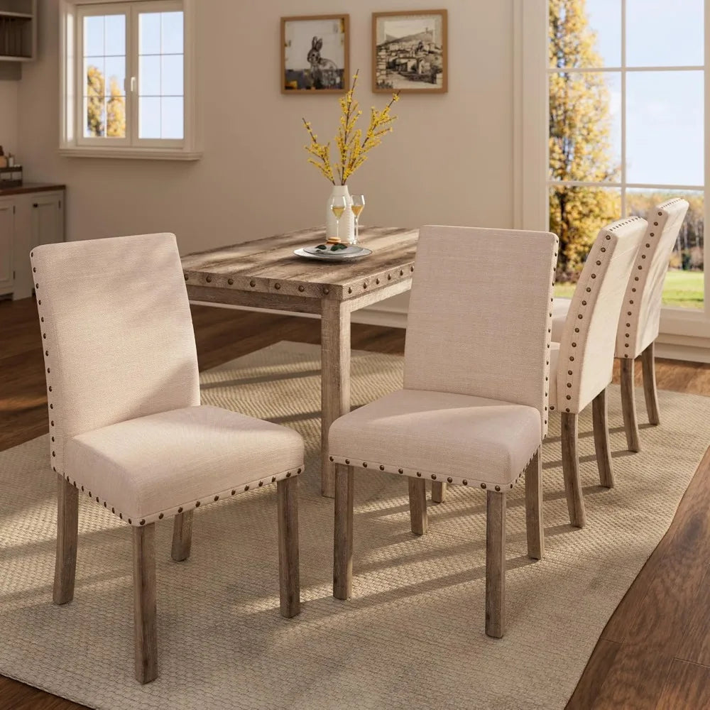 Modern Dining Set for Six with Wooden Table Upholstered Bench Four Chairs Nailhead Trim Rectangular Kitchen Room