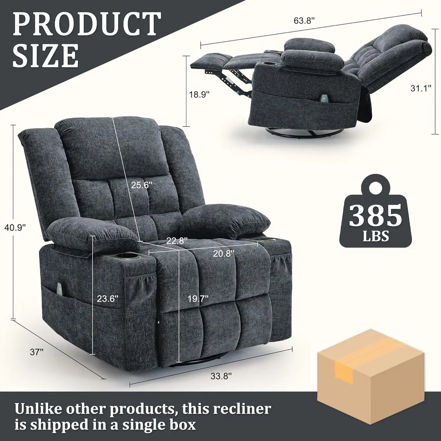 Korser 360° Swivel Rocker Recliner With Massage And Cup Holder