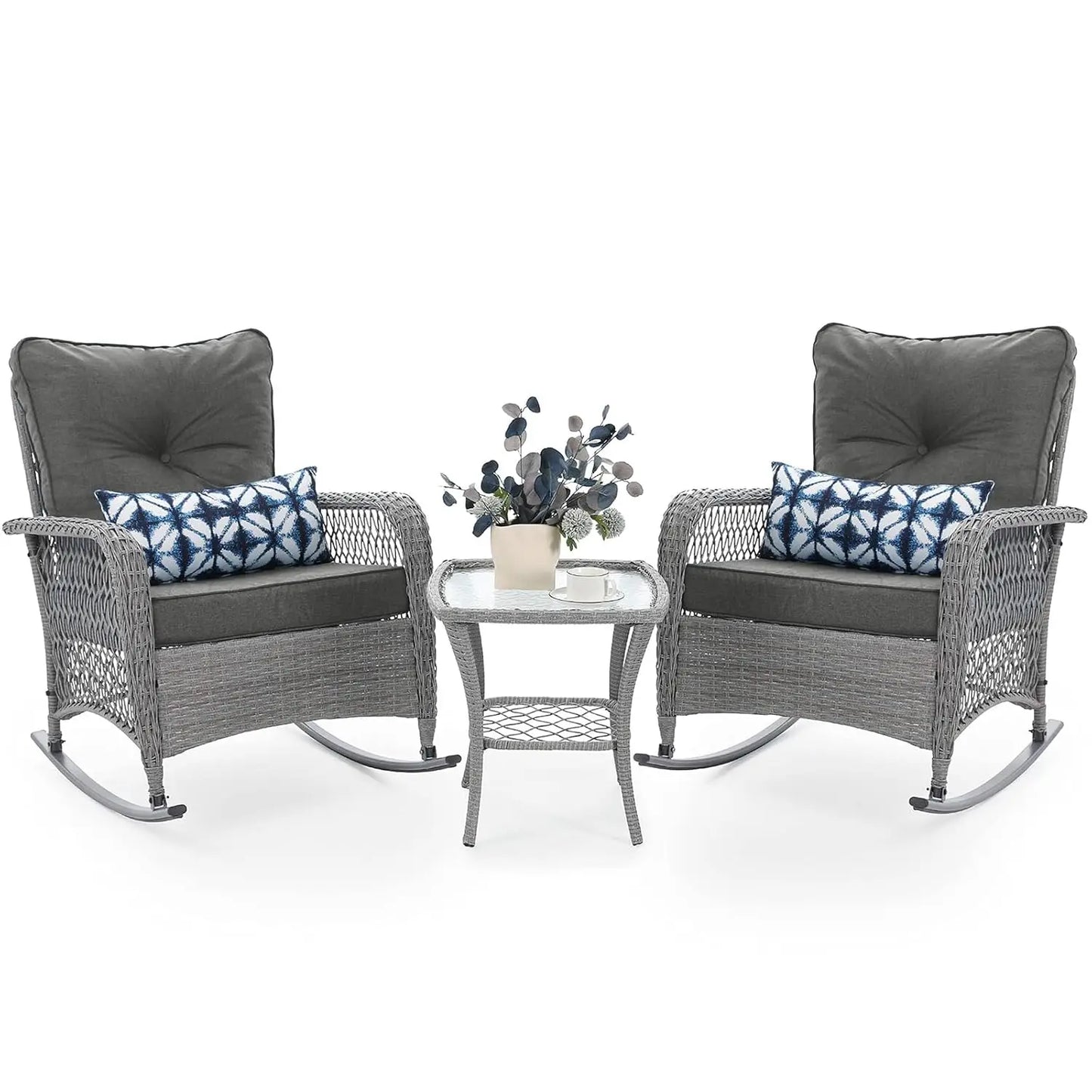 3 Piece Wicker Rocking Bistro Set All Weather PE Wicker Backyard