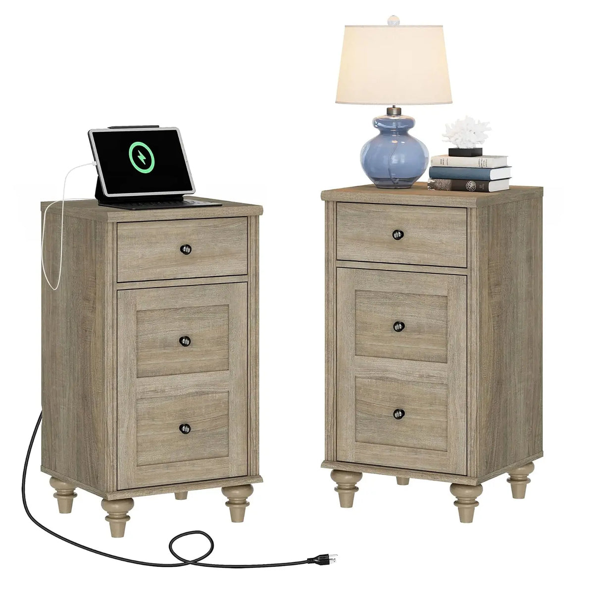 Nightstands With Charging Station, Set Of 2 Modern End Table, Oak | Bedside Table With Power Outlets & USB Ports, Customized