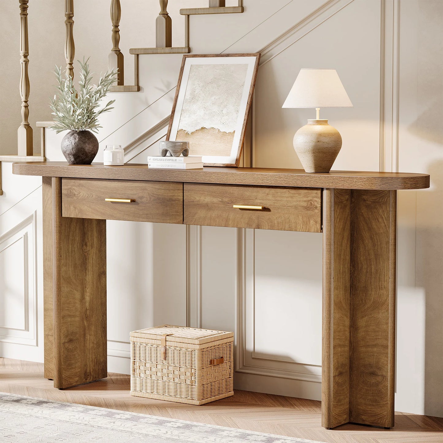 Tribesigns 63-Inch Console Table with 2 Drawers, Farmhouse Oval Curved Entryway Table with Storage for Living Room, Hallway, Entrance, Brown