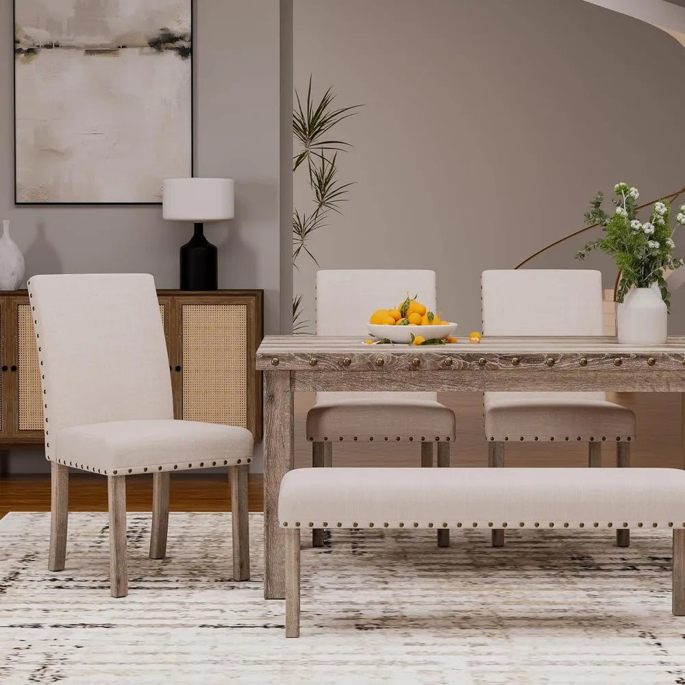 Modern Dining Set for Six with Wooden Table Upholstered Bench Four Chairs Nailhead Trim Rectangular Kitchen Room