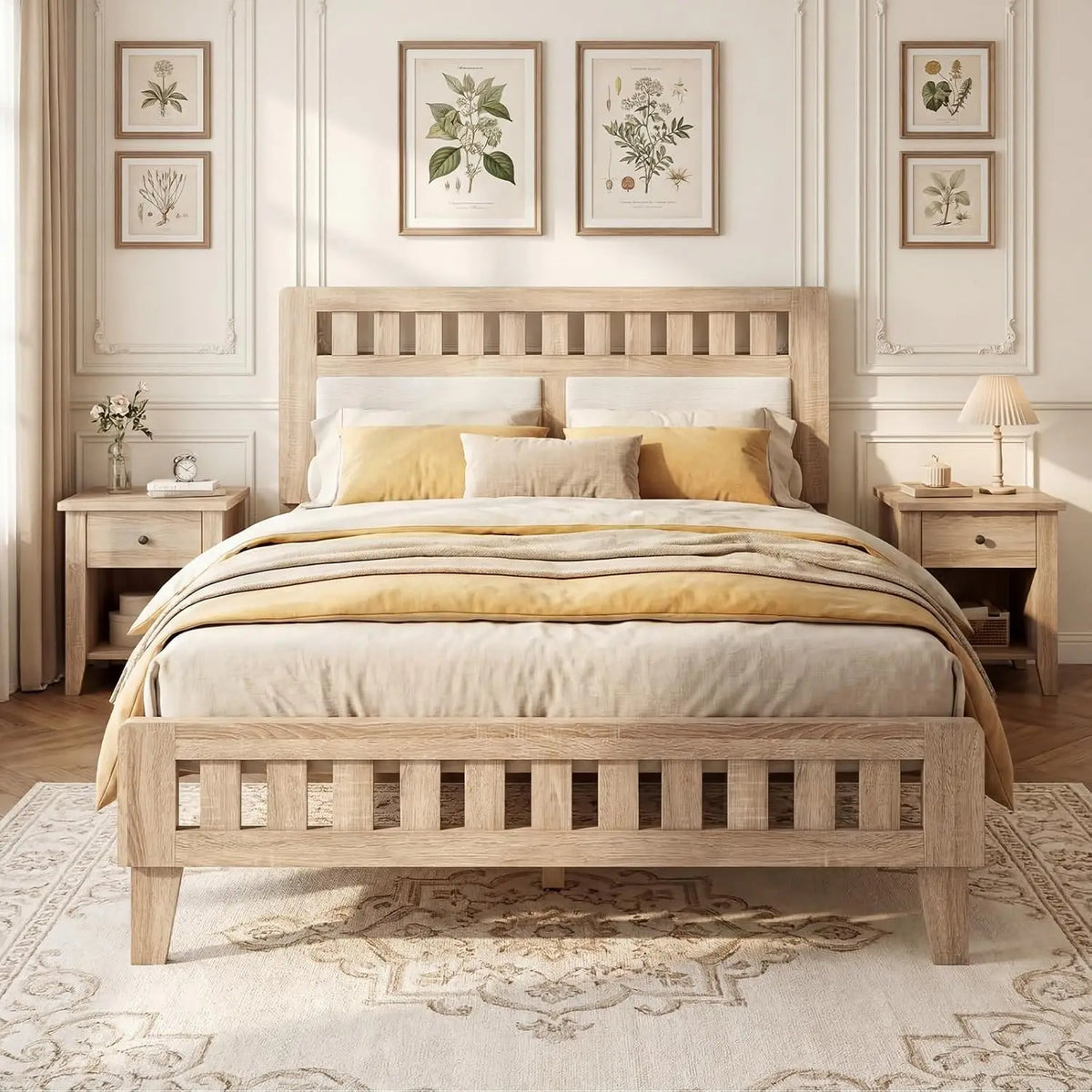 Wood Full Size Bed Frame Upholstered Headboard Platform Slat Support Storage No Box Spring Oak, Customized