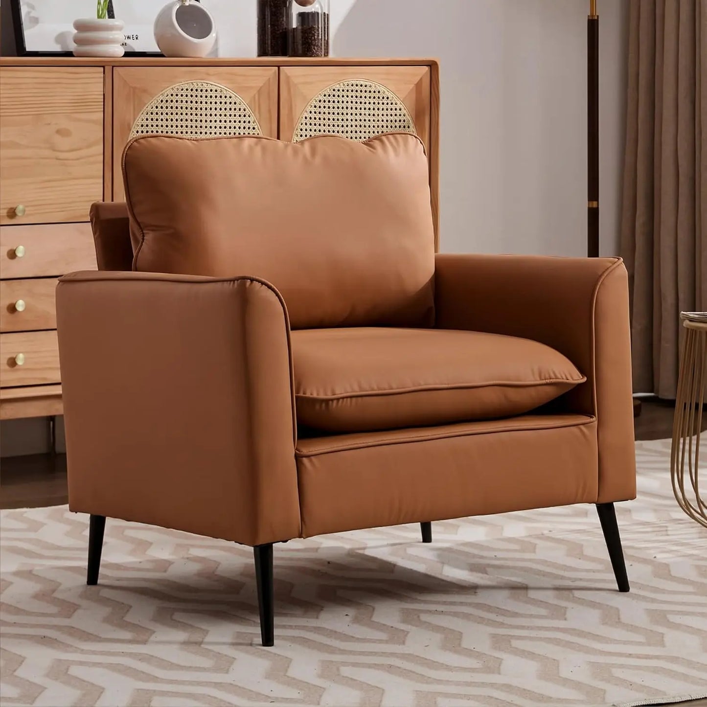 Mid-Century Faux Leather Accent Chair Set 2 w/ Removable Cushion & Metal Legs for Office Lounge Bedroom, Customized