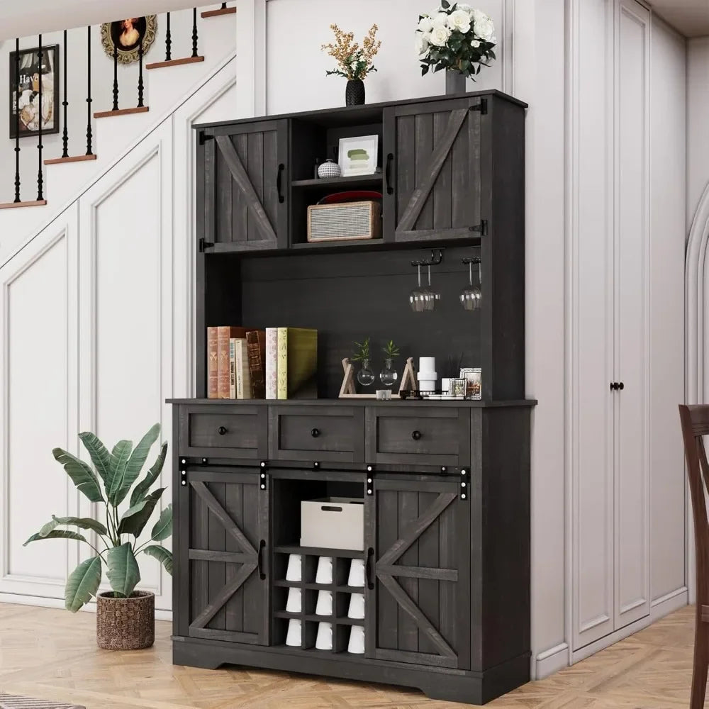 Farmhouse Tall Coffee Bar Cabinet With Sliding Barn Doors