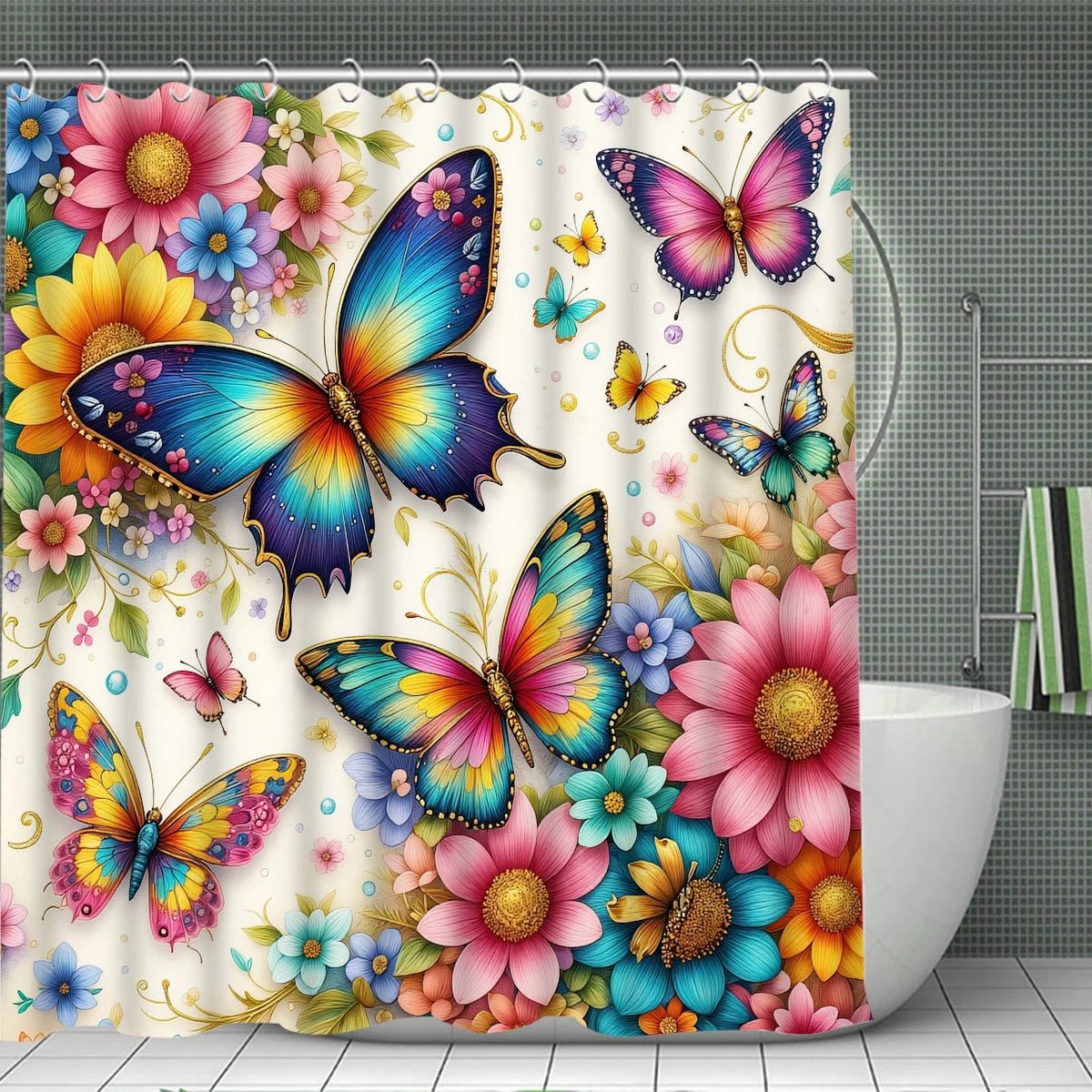 Butterfly Floral Shower Curtain Set With Hooks Waterproof