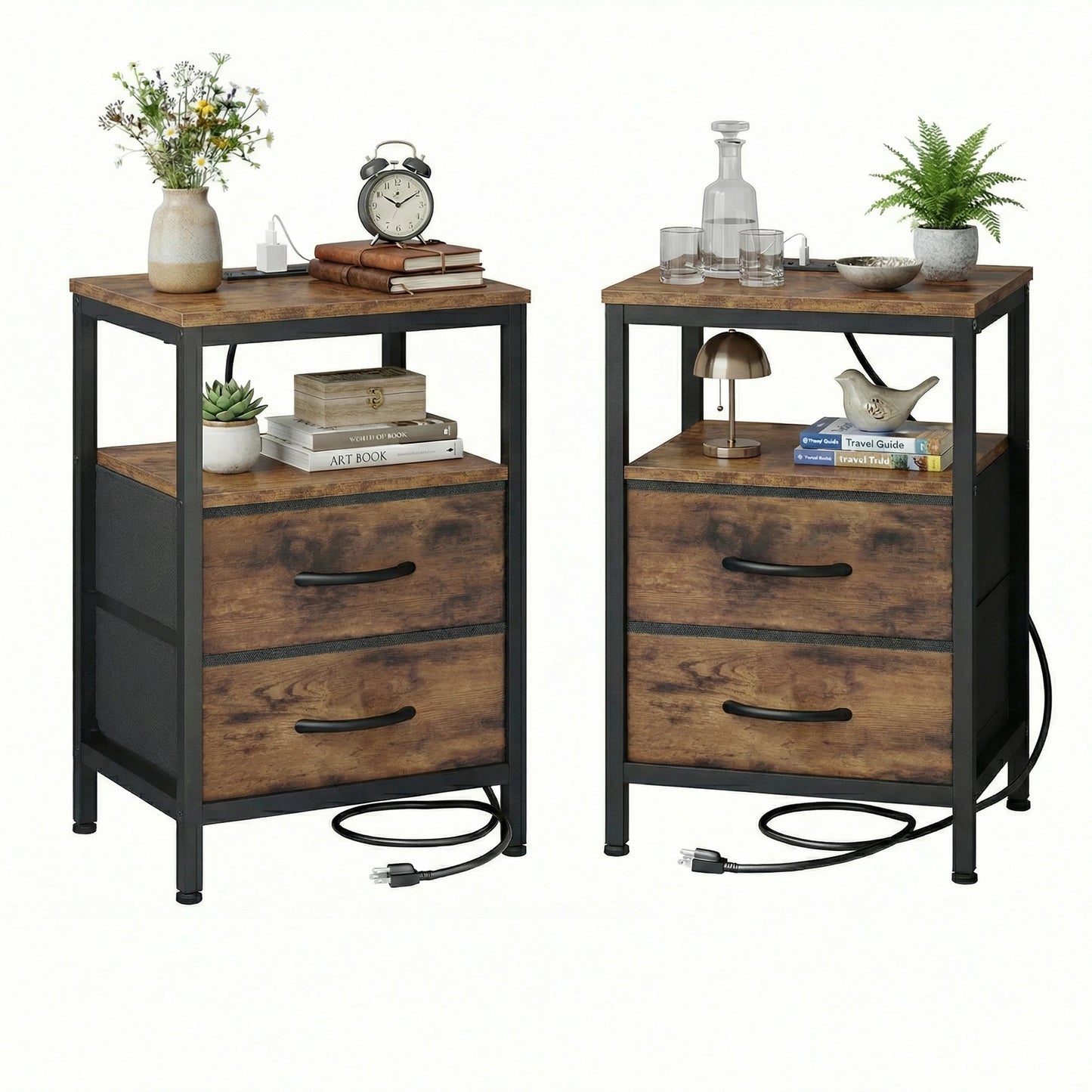 JHK Two-Drawer Fabric Nightstands With USB Ports Set Of 2