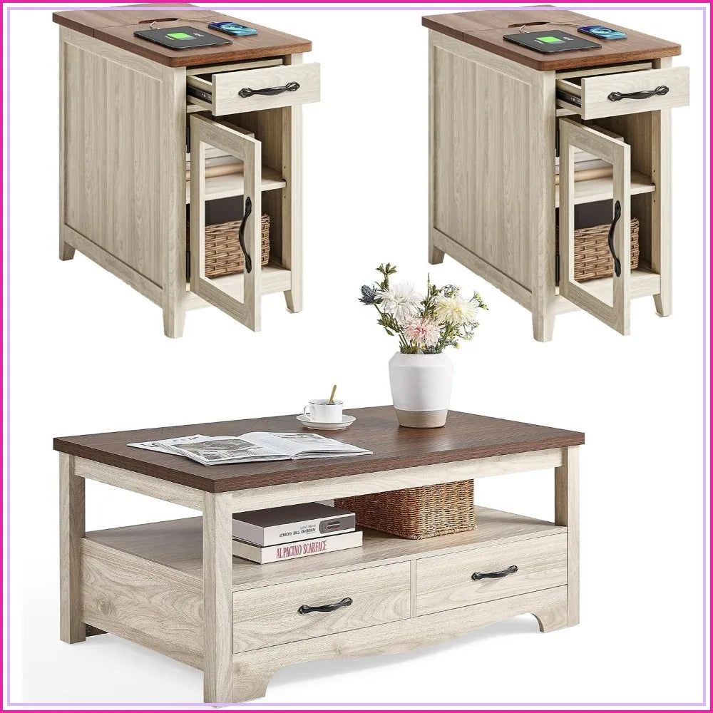 3-Piece Farmhouse Coffee Table Set, 41" Coffee Table & 2 End Tables, Washed White