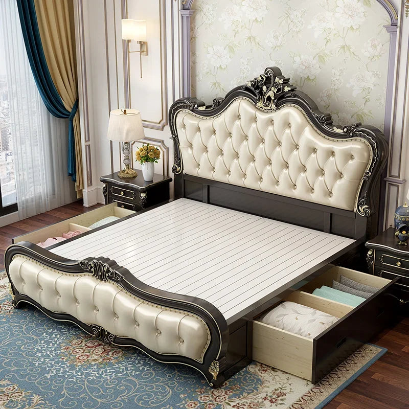 Modern Wooden Bedroom Set With Leather Upholstery And Storage