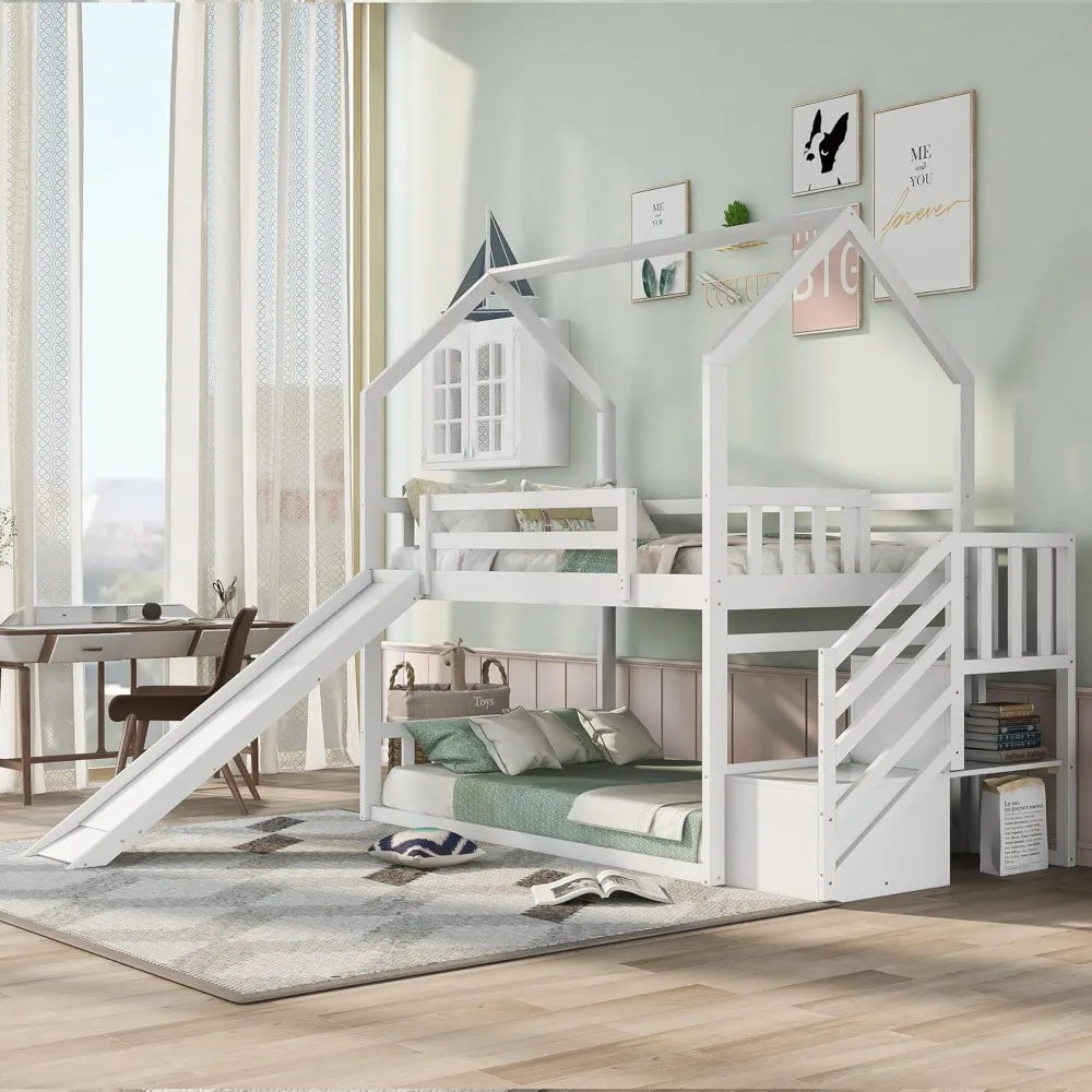 Solid Wood Over Bunk Bed With Slide And Storage Staircase