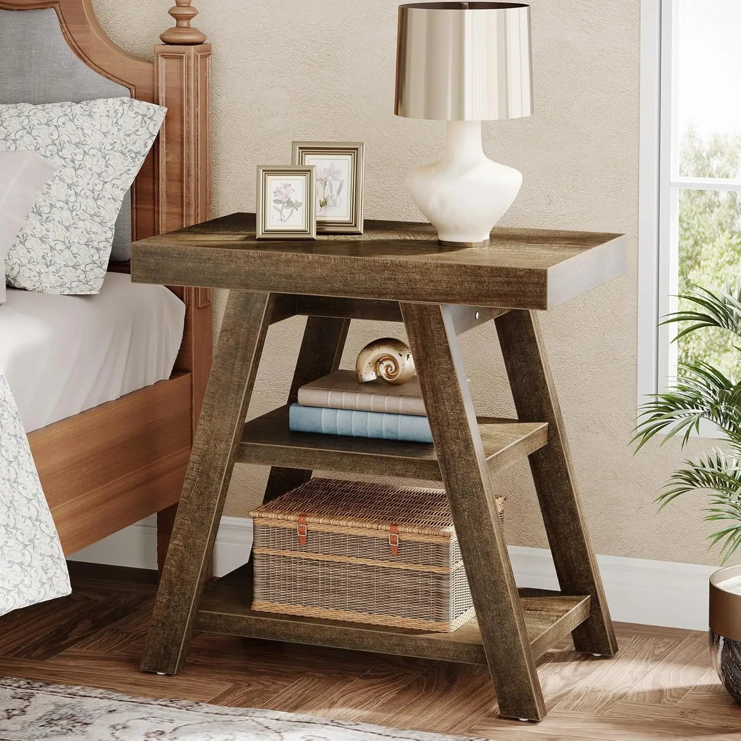 LITTLE TREE 3-Tier Small End Table, Farmhouse Wooden Side Table for Couch, Vintage Sofa Side Table for Living Room,Bedroom