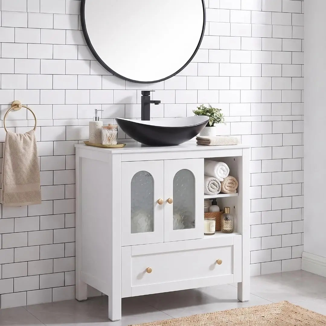 30" Bathroom Vanity with Sink, Freestanding Cabinet, 2 Water Ripple Doors & 1 Drawer, Soft-Close, Silver Glass Boat Sink, White,