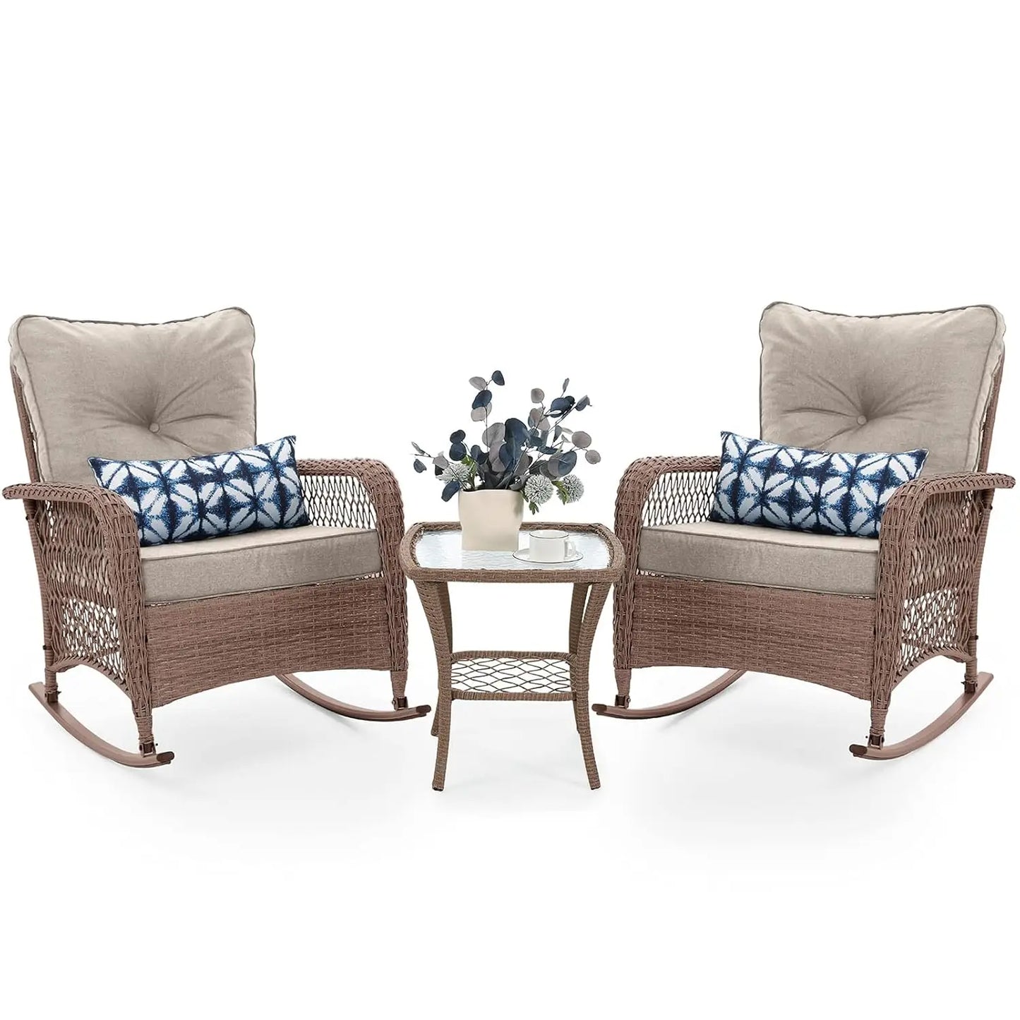 3 Piece Wicker Rocking Bistro Set All Weather PE Wicker Backyard
