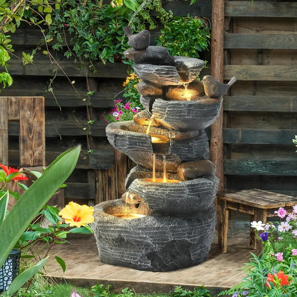 Outdoor 5-Tier Cascading Rock Water Fountain With LED Lights