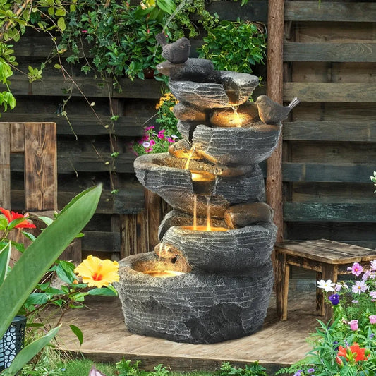Outdoor 5-Tier Cascading Rock Water Fountain With LED Lights