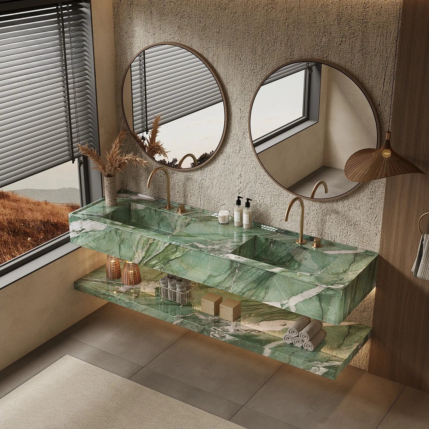 Any Size Custom French Luxury Emerald Green Marble Double Sink Vanity Natural Flowing Veins Multi Stone Options Premium Bathroom