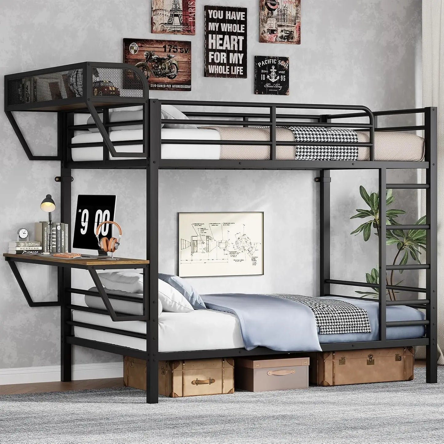 Twin Over Twin Bunk Bed With Charging Desk Heavy Duty