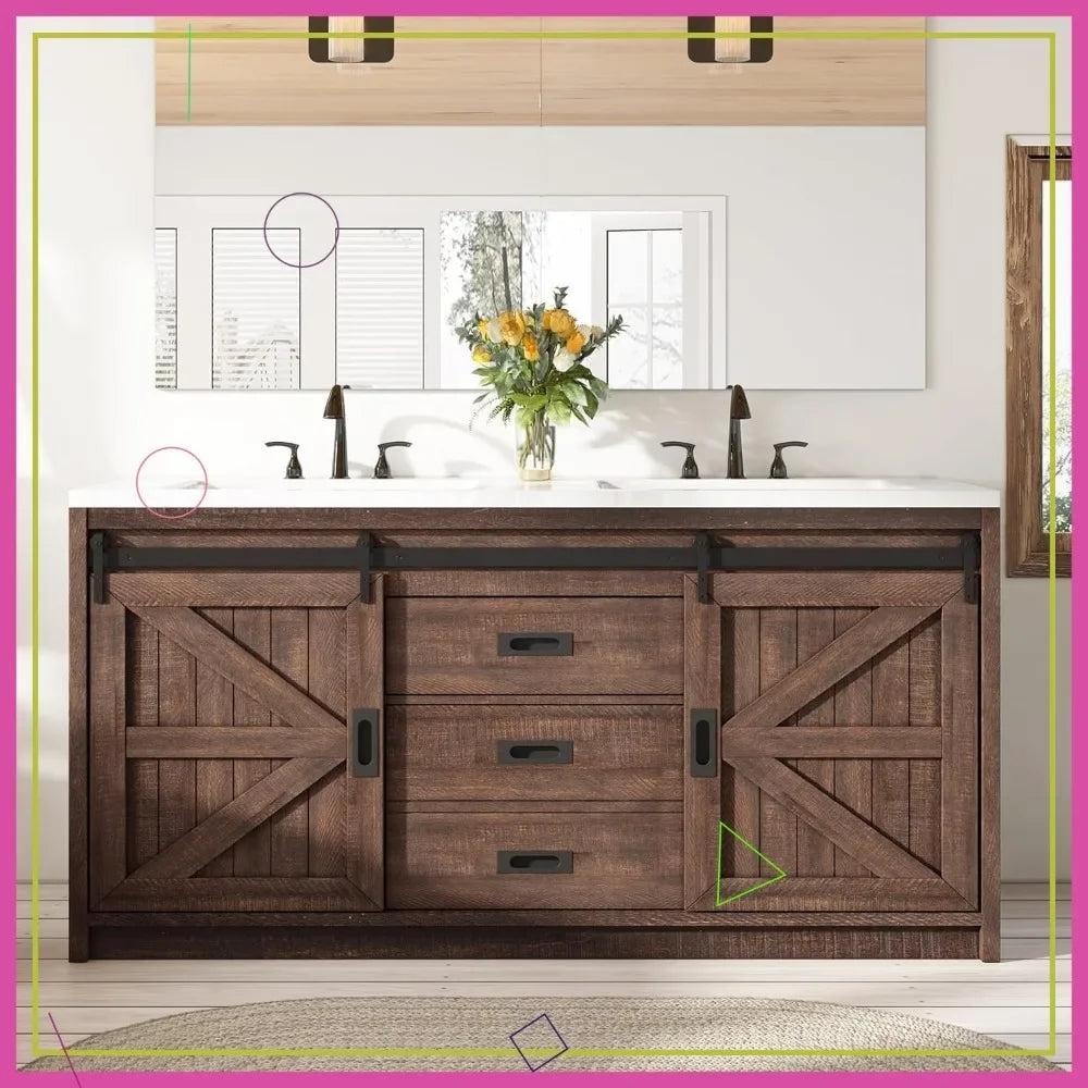 60" Freestanding Bathroom Vanity with Sliding Barn Door, Double Sink Combo, Drawers & Metal Handles, Reclaimed Barnwood Design
