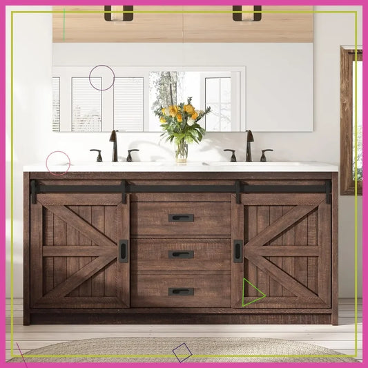 60" Freestanding Bathroom Vanity with Sliding Barn Door, Double Sink Combo, Drawers & Metal Handles, Reclaimed Barnwood Design
