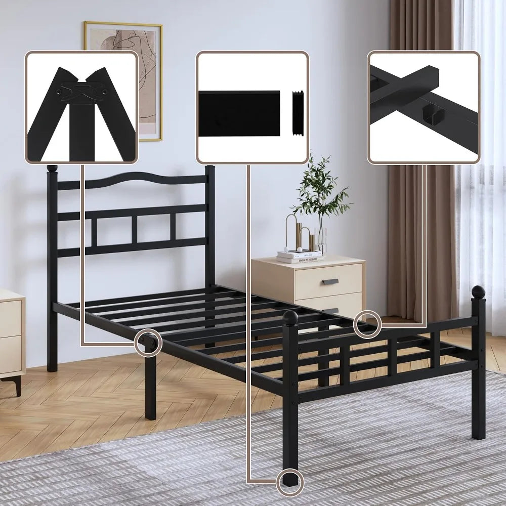 Twin XL Metal Bed Frame 14 inch Heavy Duty with Headboard Footboard, No Box Spring Needed, Easy Assembly, Noise Free, Black
