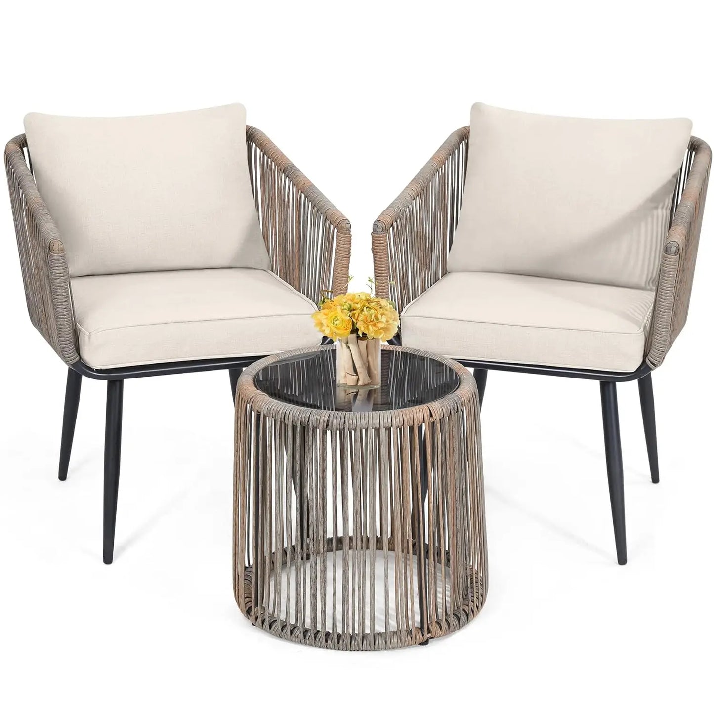 4 Piece Patio Bistro Outdoor Furniture Set, Wicker Sofa, 2 Rattan Chairs, and Table, Backyard Conversation Set, All, Customized