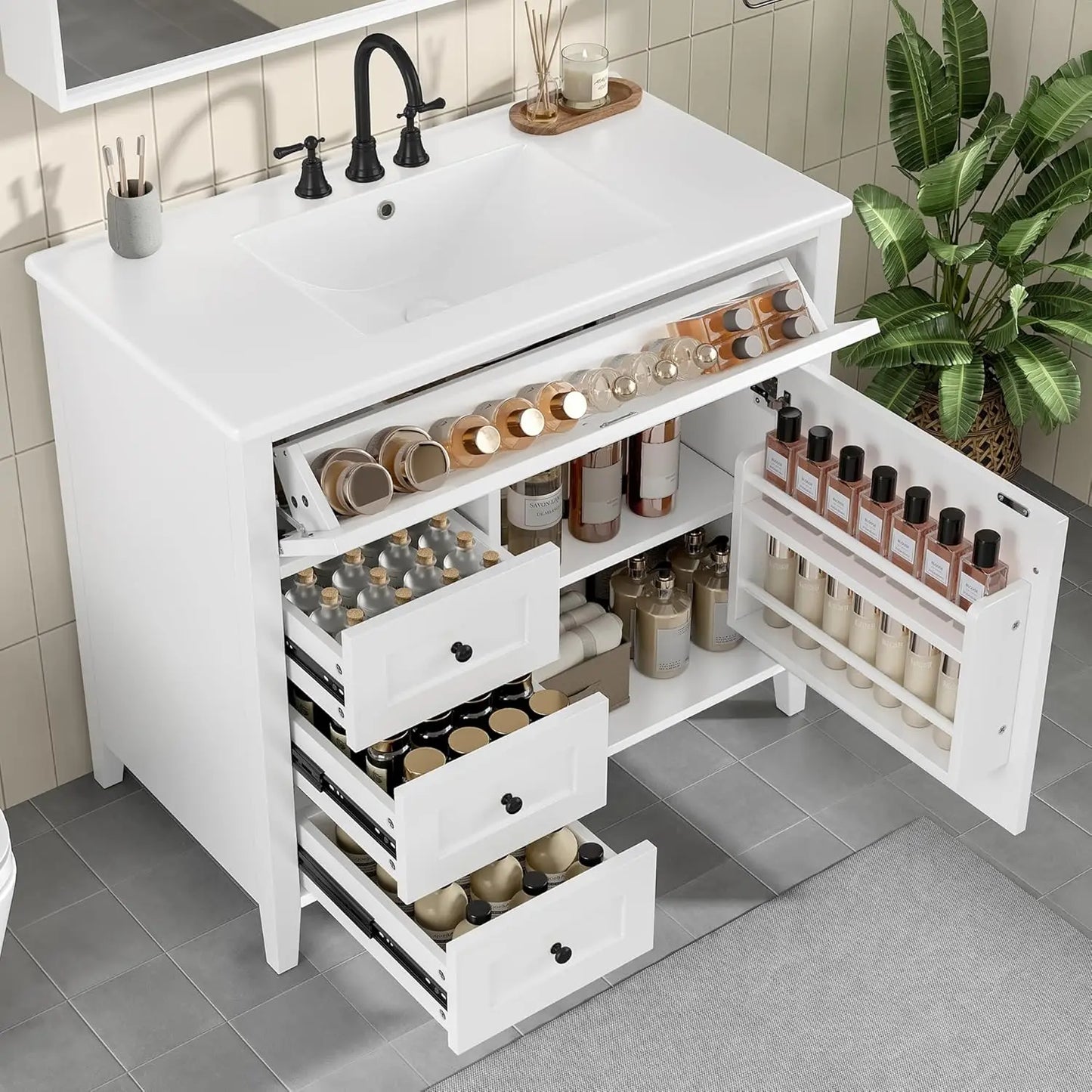 Free Standing Bathroom Vanity With Ceramic Sink And Wood Cabinet