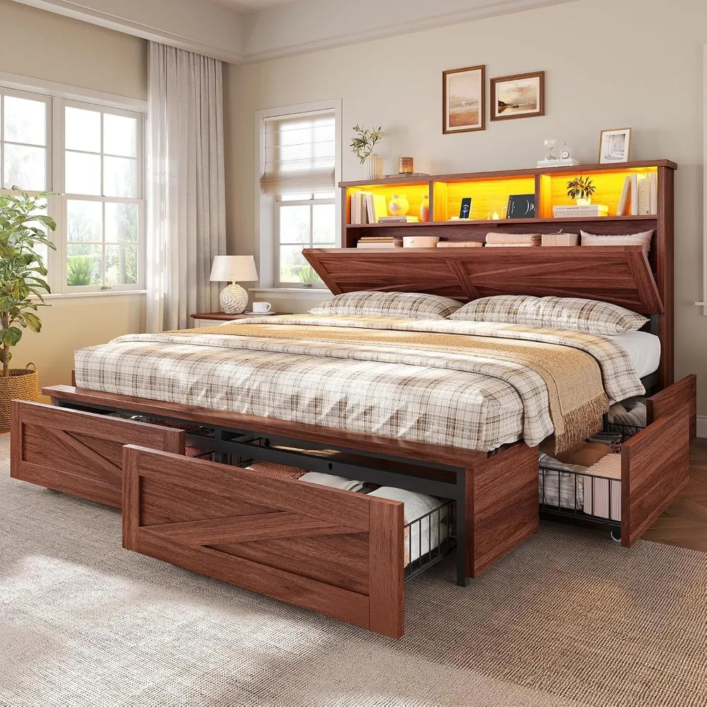 Queen Bed Frame with 6 Drawers, Farmhouse Bed Frame with Barn Door Headboard and Storage, Wood Platform Bed Frame, Customized