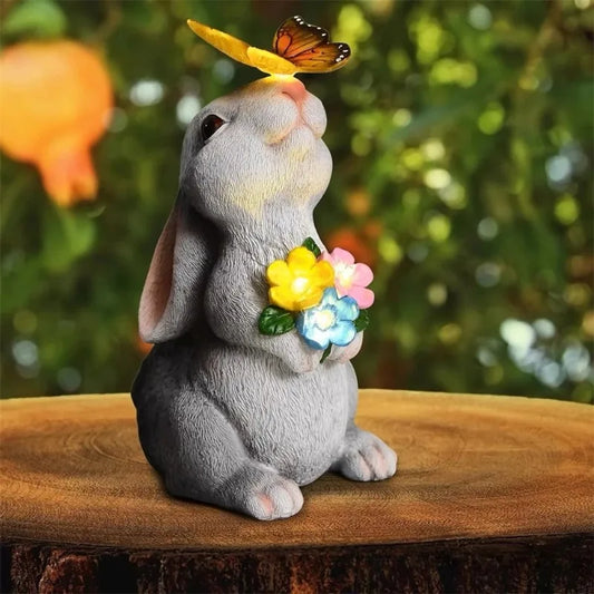 RTONTR Solar Bunny Statue With Butterfly LED Light Outdoor Decor