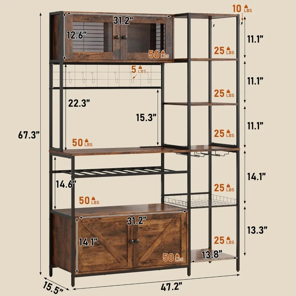 Wood Bakers Rack With Power Outlet LED Lighting Microwave Stand