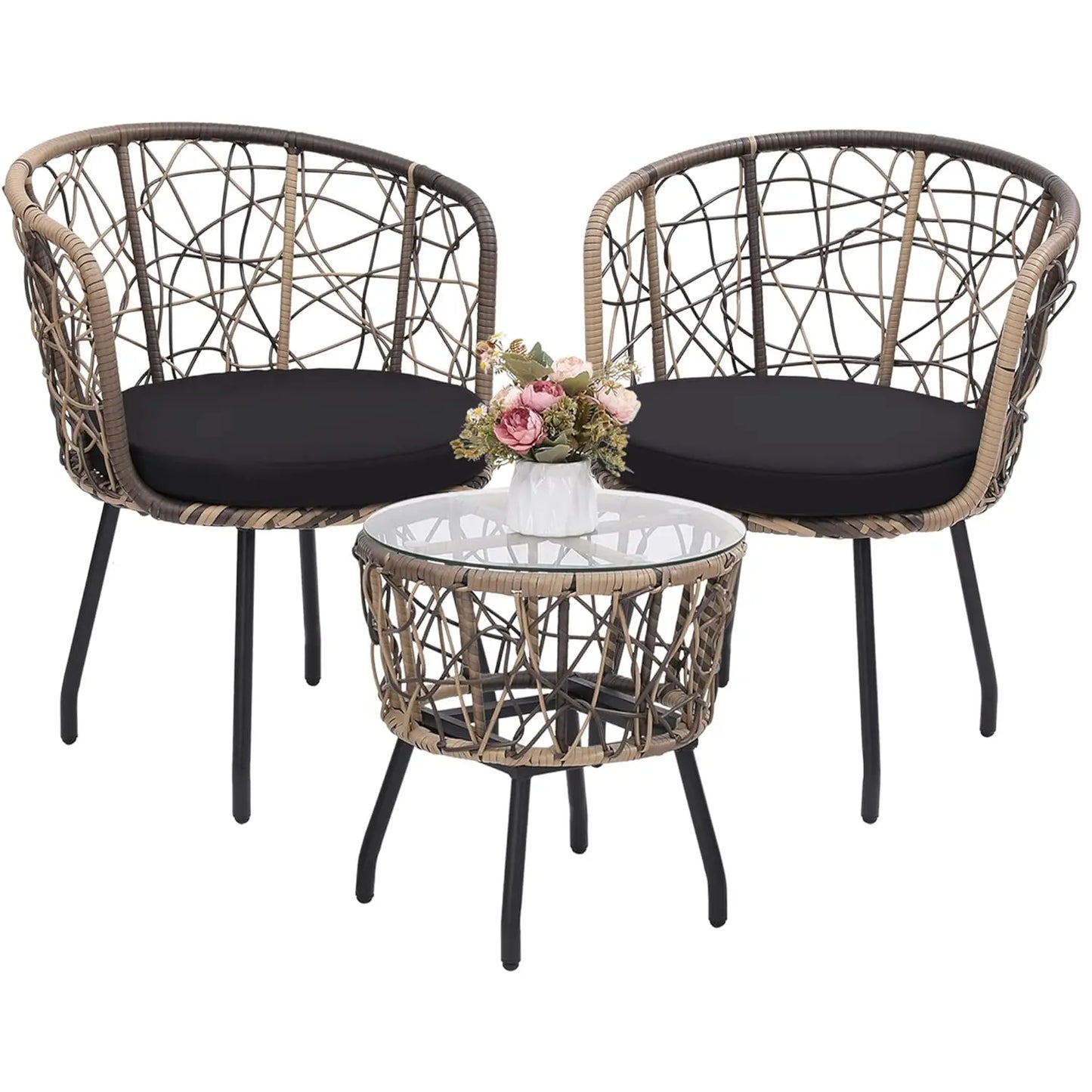 4 Piece Patio Bistro Outdoor Furniture Set, Wicker Sofa, 2 Rattan Chairs, and Table, Backyard Conversation Set, All, Customized