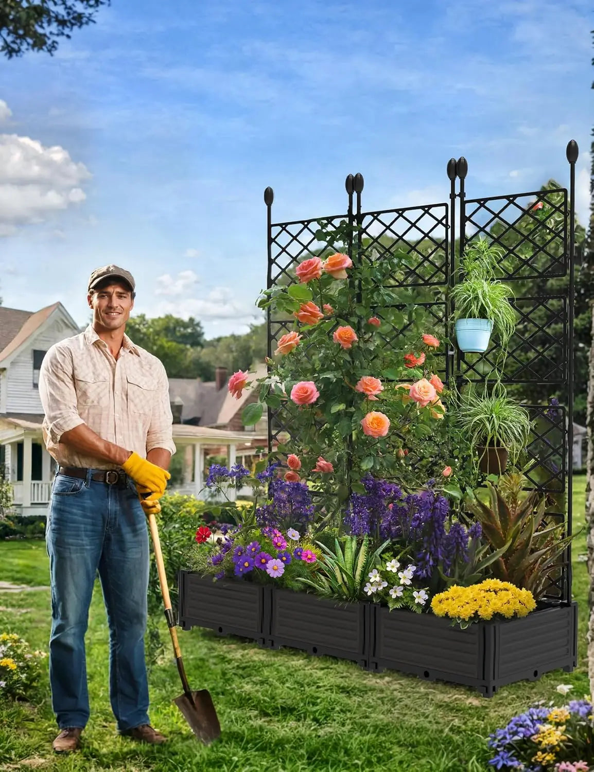 Outdoor Raised Planter Box Set With Trellis For Climbing Plants
